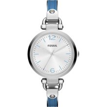 Fossil Ladies' Georgia, Stainless Steel & Blue Leather Slim ES3255 Watch