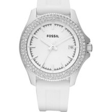 Fossil Retro Traveler White Dial Crystal Bezel White Silicone Ladies Watch