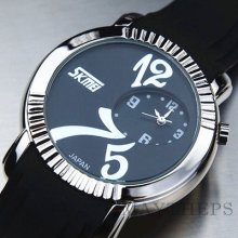 Funny Exaggerate Black Round Leather Quartz Analog Men Wrist Watch Waterproof