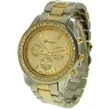 Geneva Platinum 9073 Women's CZ Accented Link Watch -2TONE