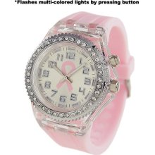 Geneva Platinum Silicone Rubber Cz Light Up Watch Pink Breast Cancer