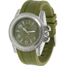 Geneva Platinum Women's Rhinestone Bezel Silicone Strap Watch