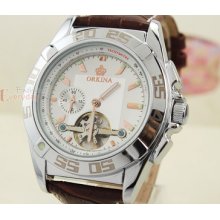 Gents Cool Silver Tourbillon Chrono Mens Military Genuine Leather Selfwind Watch