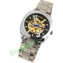 Glow in the Dark Hands Metal Band Man's Mechanical Knob Wind Wrist Quartz Watch