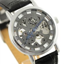 Goer Black Stylish Skeleton Mens Hand Wind Mechanical Wrist Watch Blue Hand