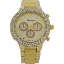 Gold And Horn Acrylic Band Geneva Watch With Crystals Bezel For Women