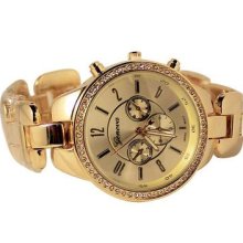 Gold Crystal Bezel Geneva Watch Bracelet W/ Perfume