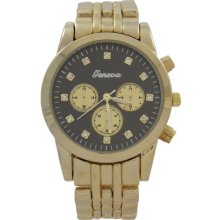 Gold Geneva Watch With Black Face And Crystals Hour Markers For Women