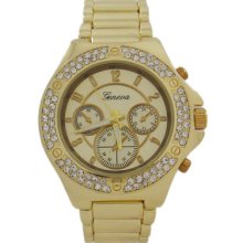 Gold Geneva Watch With Crystals Bezel For Women