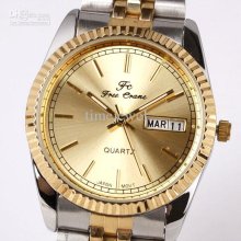 Golden Dial Men Watches Stl Quartz Mov't 2-tone Steel Bracelet Day D