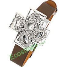 Good Jewelry Coffee Leather Band Silvery Cross Watchcase Lady Watches