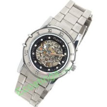 Good Silvery Steel Band Round Men's Mechanical Movement Wrist Watch