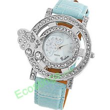 Good Sky Blue Leather Band Rhinestone Butterfly Watch Case Ladies Watch