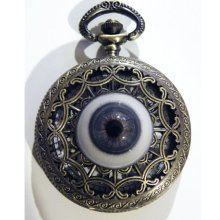 Gothic Pocket Watch Steampunk Human Blue Glass Eye Necklace