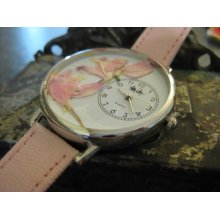 Handmade for Women Pressed Flower Pink Leather Quartz Floral Wrist Watch with Pink Larkspur