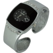 Heart Black Face Silver Cuff Hinged Bracelet Watch Bezel Iced Out Usa Seller