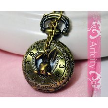 Heart-shaped hollow Pocket watch Locket Necklace, with a cute rabbit