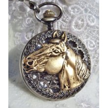 Horse pocket watch, mens pocket watch with horse head mounted on front case in antiqu bronze