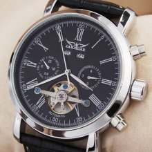 Hq Year Month Week Subdial Men's Auto Selfwind Wrist Watch Trendy Black Leather