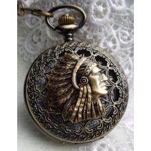 Indian head pocket watch, men's indian pocket watch with black and bronze beads on watch chain