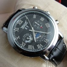 Jaragar Black Dial Day/night Multi-functional Automatic Leather Watch