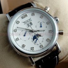 Jaragar Fashion White Dial Crystal Multi-functional Automatic Leather Watch