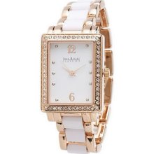 Joan Rivers Look of Ceramic Rectangular Bezel Link Watch - White/Rosetone - One Size