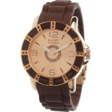 Kathy Van Zeeland Rosetone & Crystal Stations Brown Silicon Band Sport Watch