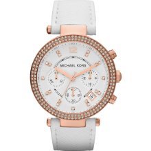 Ladies' Michael Kors Mid-Size White Leather Parker Chronograph Glitz Watch