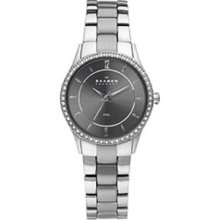 Ladies Skagen Two Tone Stainless Steel Case And Bracelet Black Dial 347ssmx