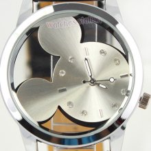 Lady Girl Battery Quartz Silver Hollow Mickey Black Band Wrist Watch Gift Hq