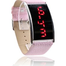 Leather Pink PU Band Elagant Women Silvery Frame Red LED Wrist Watch