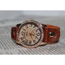 leather wrist watch,number diamond lady leather wrist watch,handmade vintange watch