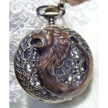 Lion men's pocket watch, front case is mounted with dark bronze art nouveau lion