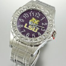 Lsu Officially Licensed Women Silver Metal Watch Cuff Band W/lsu Tiger On Dial