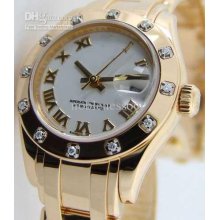 Luxury Ladies 18kt Yellow Gold Pearlmaster White Roman Dial Day-date