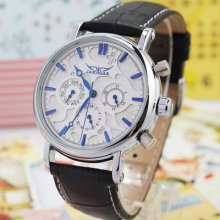 Luxury White Pattern 3-dial Crystals Date Week Blue Hands Automatic Mens Watch