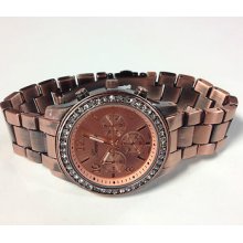 Matte Bronze Bracelet Ladies Geneva Iced Out Decorative Chronograph Watch 18148