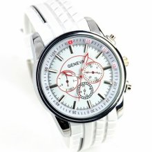 Men Outdoor Sport Watch Resin Tire Pattern Style Band White Dial Red Hands Hours