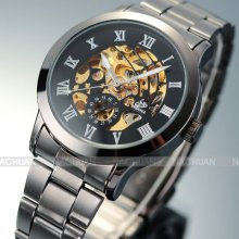 Men Skeleton Automatic Mechanical Stainless Steel Band Classic Sport Watch