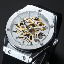 Men Skeleton White Dial Automatic Mechanical Rubber Sport Watch Dailyetrade