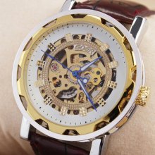 Mens Automatic Watch Skeleton Gold Steel Wristwatch