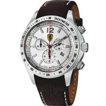 Mens Ferrari Scuderia Silver Dial Brown Strap Chronograph Watch Fe07acccpsl