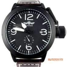 Men's Hours Black Dial Brown Pu Leather Band Automatic Mechanical Watch