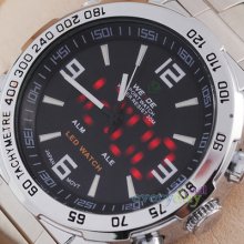 Mens Jp Quartz Red Led Watch Sport Style Silver Steel Double Time Display