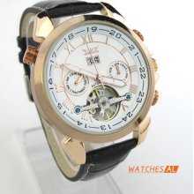 Men's Luxury Rose-gold Tone Case Roman Num Automatic Mechanical Calendar Watch