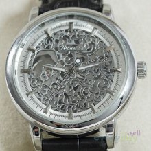 Mens Mechanical Silver Skeleton Elegant Hand Winding Wrist Watch