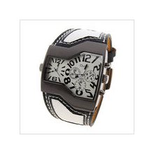 mens new Oulm 2 time zone dark silvertonquartz watch w/white &black wide PU band