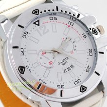 Mens White Quartz Deco Dial Wrist Watch Leather Band Steel Gift Hot Boys