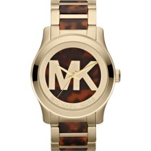 Michael Kors Oversized Horn/Golden Stainless Steel Logo Three-Hand